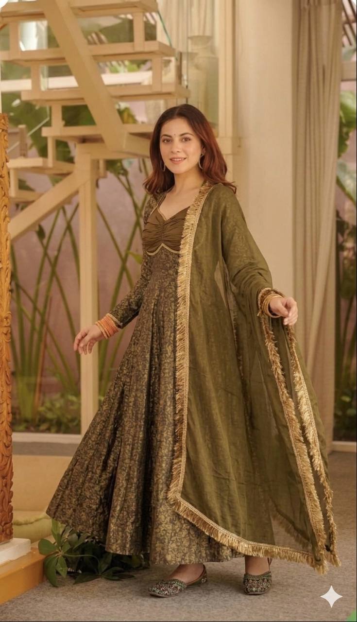 Opulent Mehendi Green Brocade Flared Anarkali Suit Set Featuring a Ruched Sweetheart Neckline, Woven Floral Motifs, and an Elegant Tie-Up Back